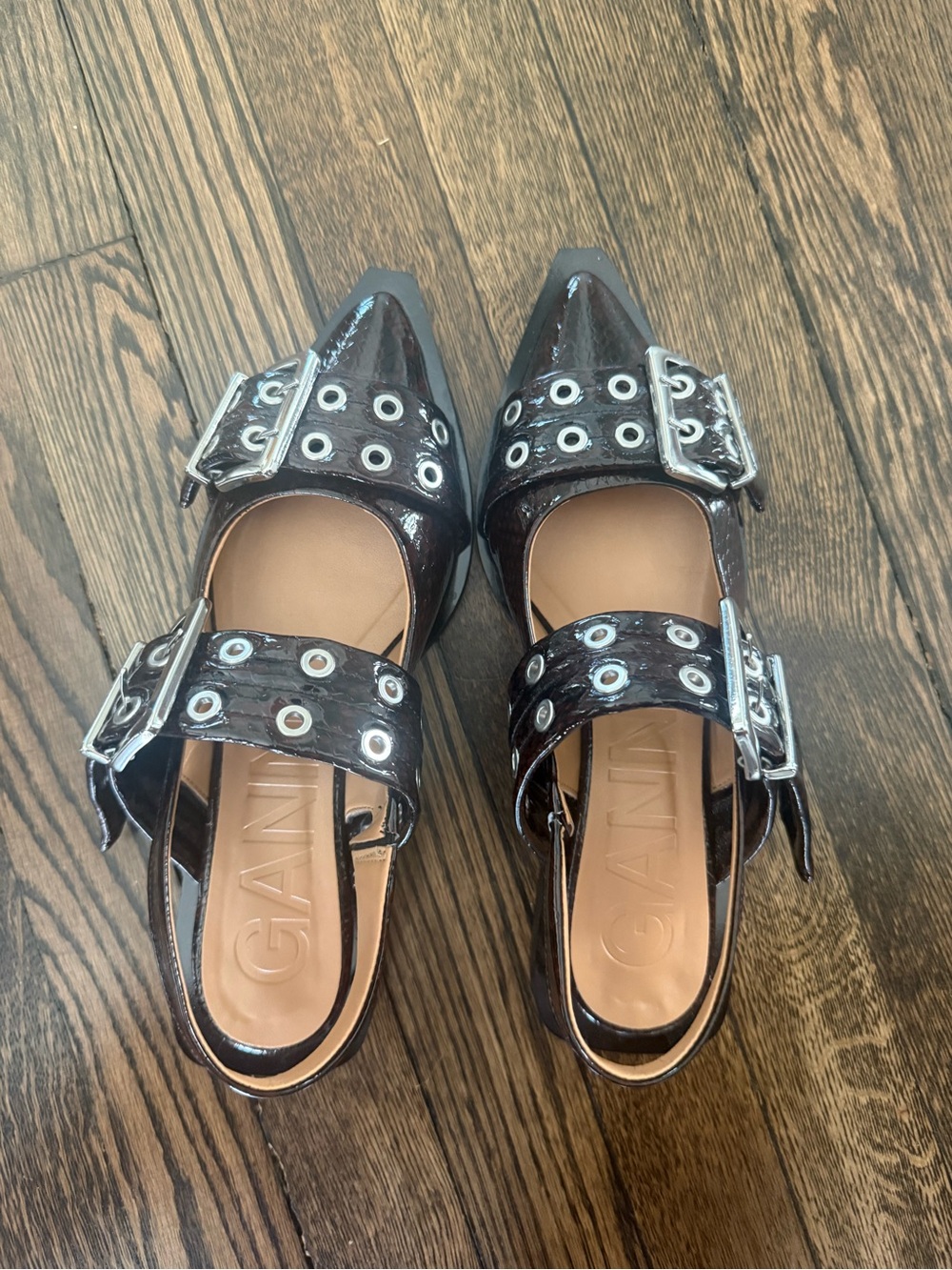 GANNI Dark Burgundy Buckle Ballerina Snake Flats Sz 38